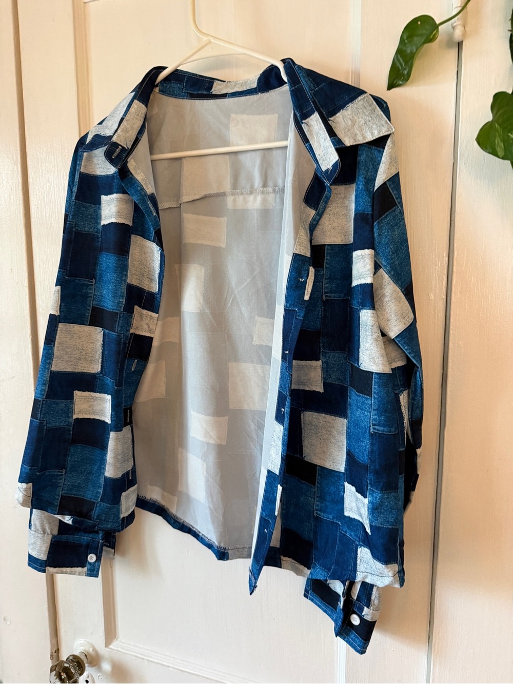 Blue and White Patchwork Button-Up Shirt - Picture 2 of 8